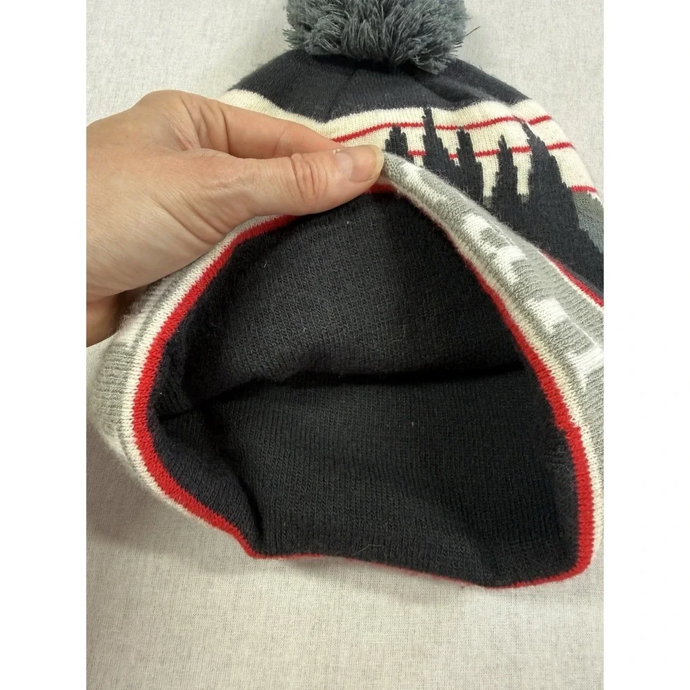LL Bean Pom Pom Beanie Winter Hat Blue Gray Adult Unisex OSFA Stretch Mountains